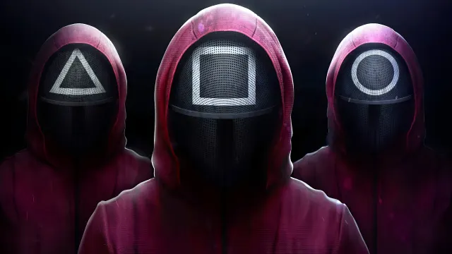 Squid Game Masked Guards Standing In Formation wallpaper on Pixipics