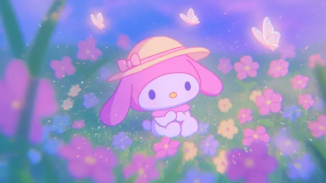 My Melody Flower Field Pastel Garden Butterflies wallpaper on Pixipics