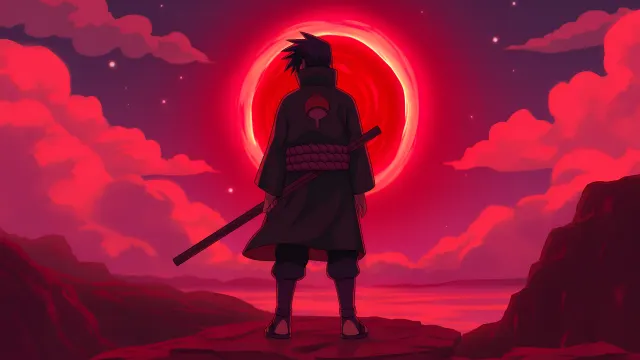 Sasuke Uchiha Facing The Giant Red Moon wallpaper on Pixipics