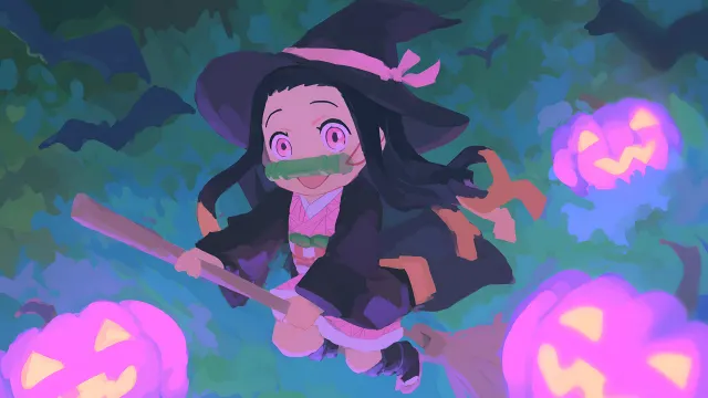 Demon Slayer Nezuko Chibi Witch Flying On A Broom wallpaper on Pixipics