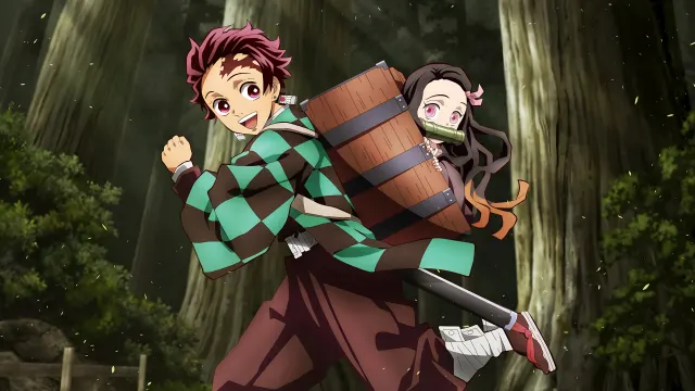Demon Slayer Tanjiro Running With Nezuko In Box wallpaper on Pixipics