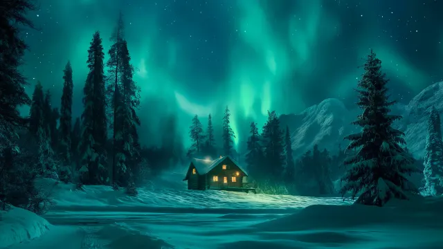 Aurora Borealis Over Cabin wallpaper on Pixipics