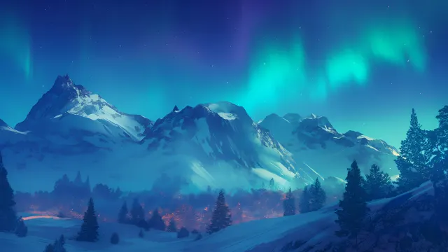 Northern Lights Over Snowy Peaks wallpaper on Pixipics