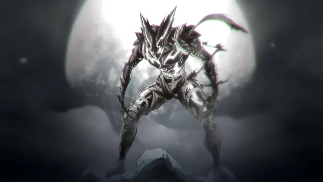 Garou Cosmic Fear Mode Standing Under Full Moon wallpaper on Pixipics