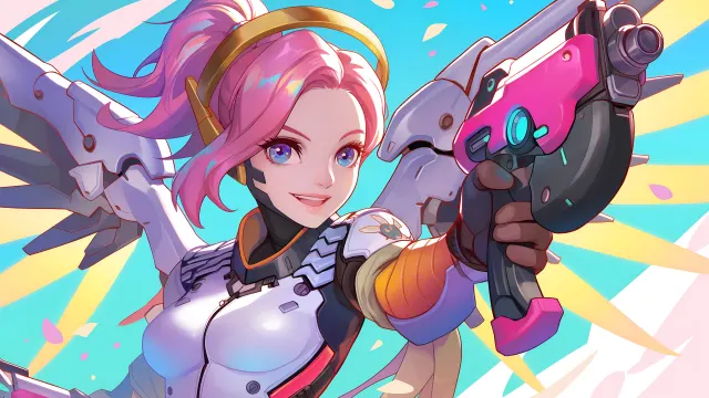 Overwatch Mercy Pink Skin Smiling wallpaper on Pixipics