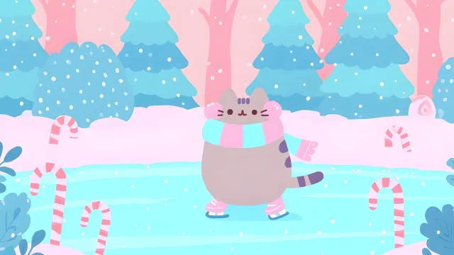 Kawaii Pusheen Ice Skating Winter Pastel wallpaper on Pixipics