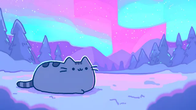 Pusheen Cat In The Snow Under Northern Lights wallpaper on Pixipics