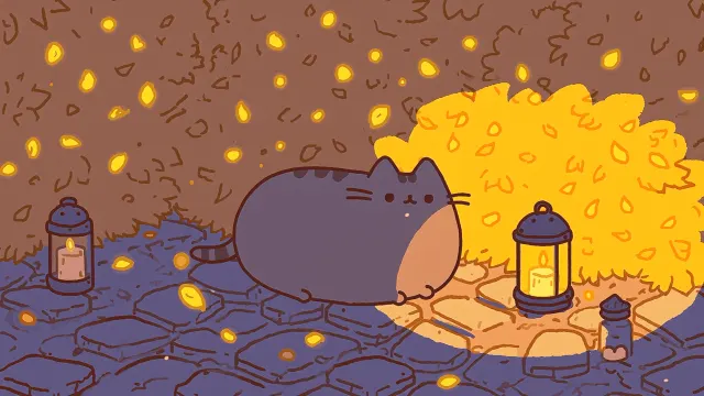 Pusheen Cat Sitting By Lanterns Cozy Night Walk Gif wallpaper on Pixipics