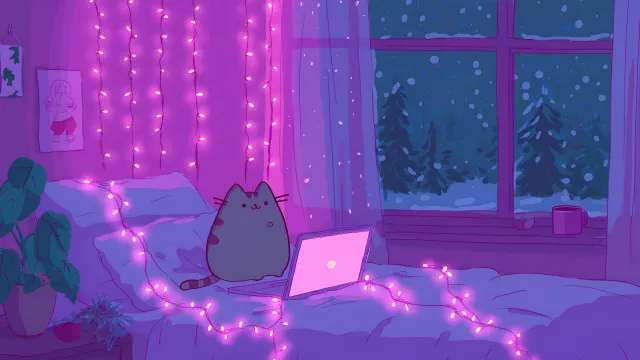 Pusheen Using Laptop In Lofi Room wallpaper on Pixipics
