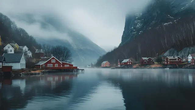 Norway Houses Misty Mountains wallpaper on Pixipics