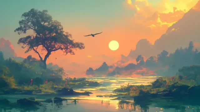 Serene Landscape With Sunset wallpaper on Pixipics