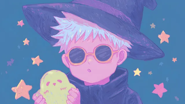 Gojo Satoru Holding Yellow Ghost Spooky Hat wallpaper on Pixipics