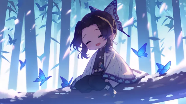 Chibi Shinobu Resting On A Snowy Tree Branch wallpaper on Pixipics