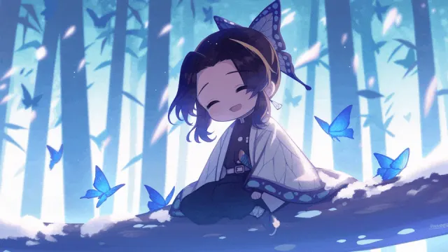 Shinobu Kocho Cute Chibi Winter Blue Butterflies Gif Desktop Wallpaper Preview wallpaper on Pixipics