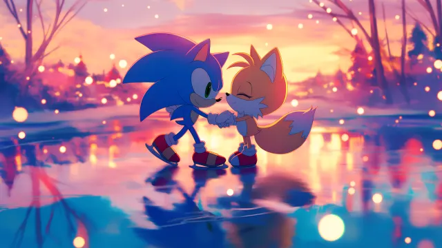 Chibi Sonic Tails Ice Skating Frozen Lake Sunset wallpaper on Pixipics