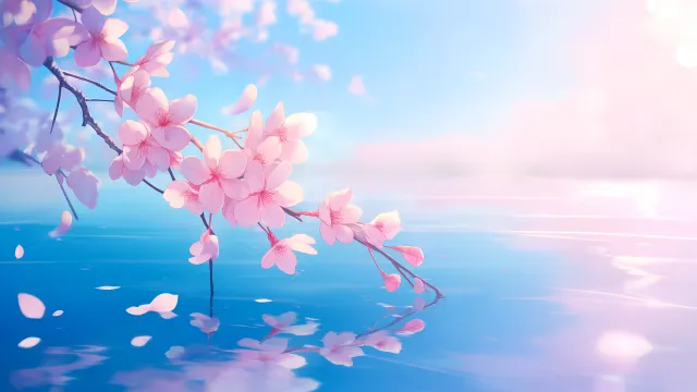 Sakura Branch Floating River Serene Aesthetic wallpaper on Pixipics