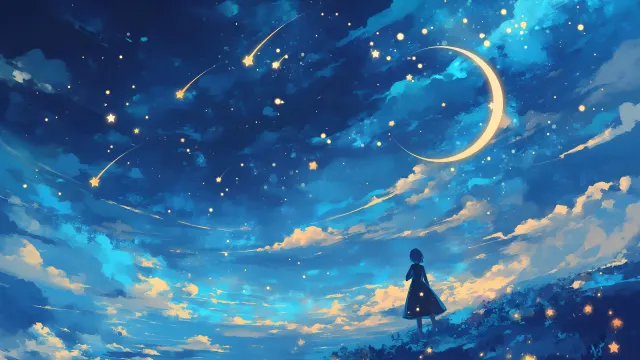 Starry Night Lonely Girl Gazing At Moon wallpaper on Pixipics
