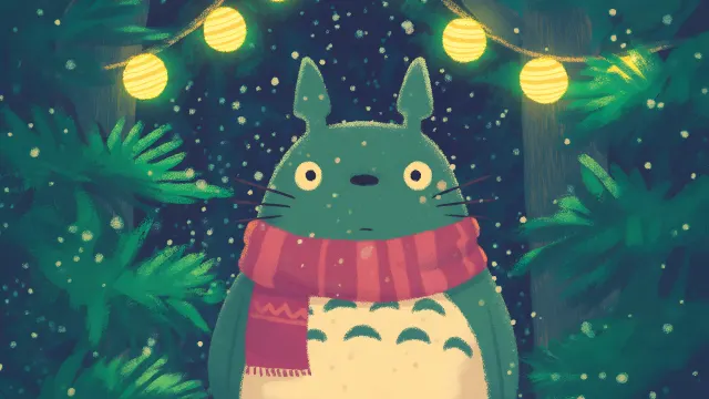 Totoro Wearing Striped Red Scarf In Snow wallpaper on Pixipics