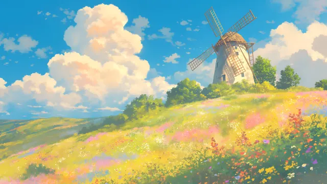 Cozy Windmill Field Wildflowers Blue Sky wallpaper on Pixipics