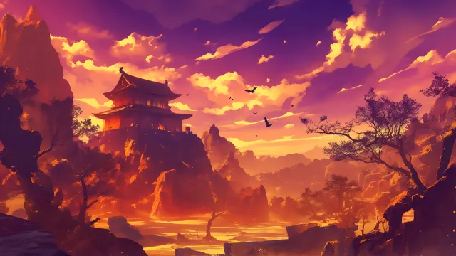 Sunset Temple Artistic wallpaper on Pixipics
