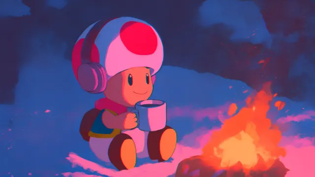 Super Mario Toad Sipping Cocoa By Campfire wallpaper on Pixipics
