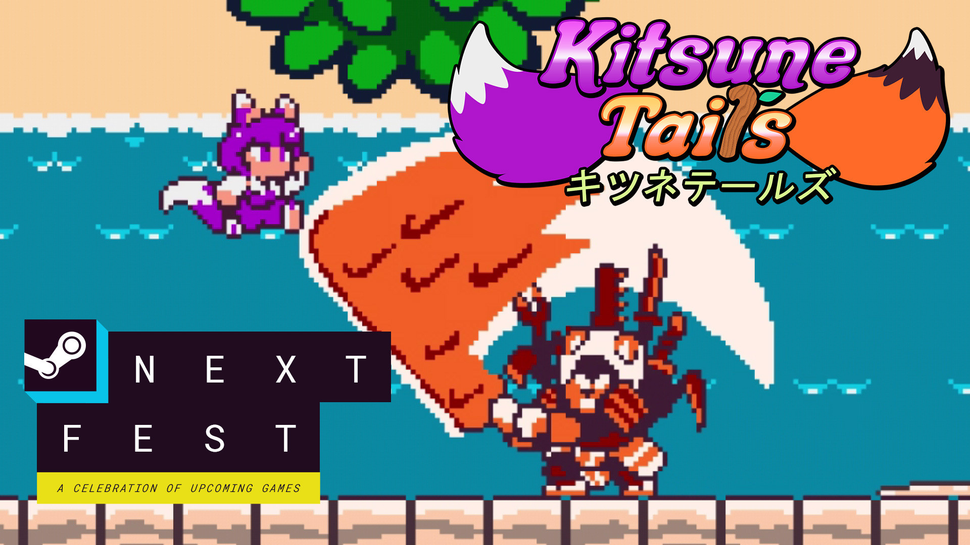 Yuzu Kitsune Tails jumping at a bear looking boss who's swinging a very large weapon at her, one of many weapons he carries on him. It says "Next Fest" in the corner