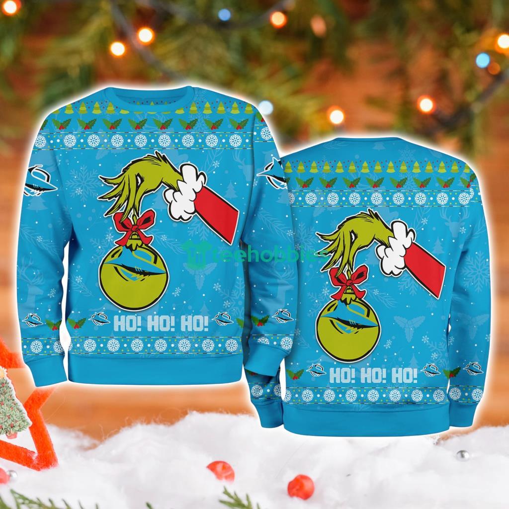 Cronulla Sutherland Sharks Nrl Grinch Hand Ugly Christmas Sweater 3D image Cronulla-Sutherland Sharks NRL Grinch Hand Ugly Christmas Sweater 3D