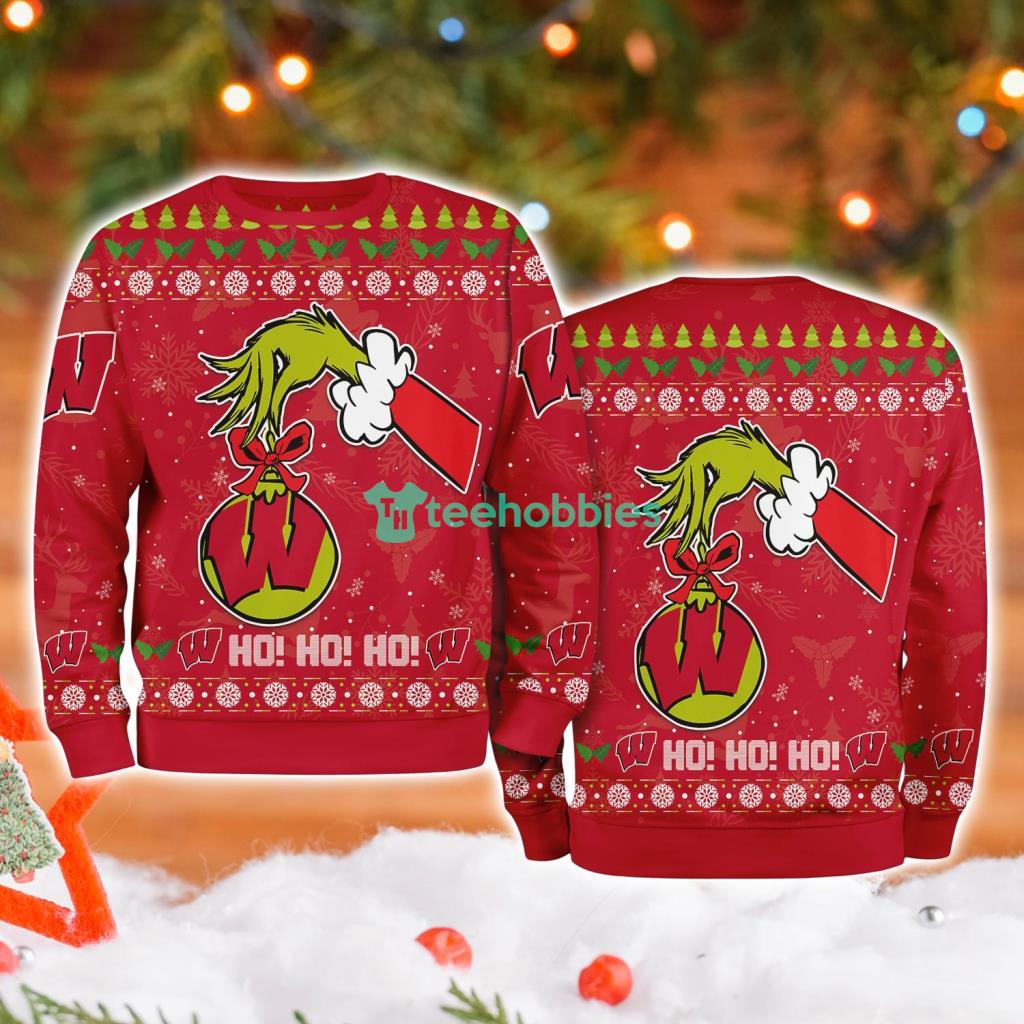 Wisconsin Badgers Ncaa Grinch Hand Ugly Christmas Sweater 3D image Wisconsin Badgers NCAA Grinch Hand Ugly Christmas Sweater 3D