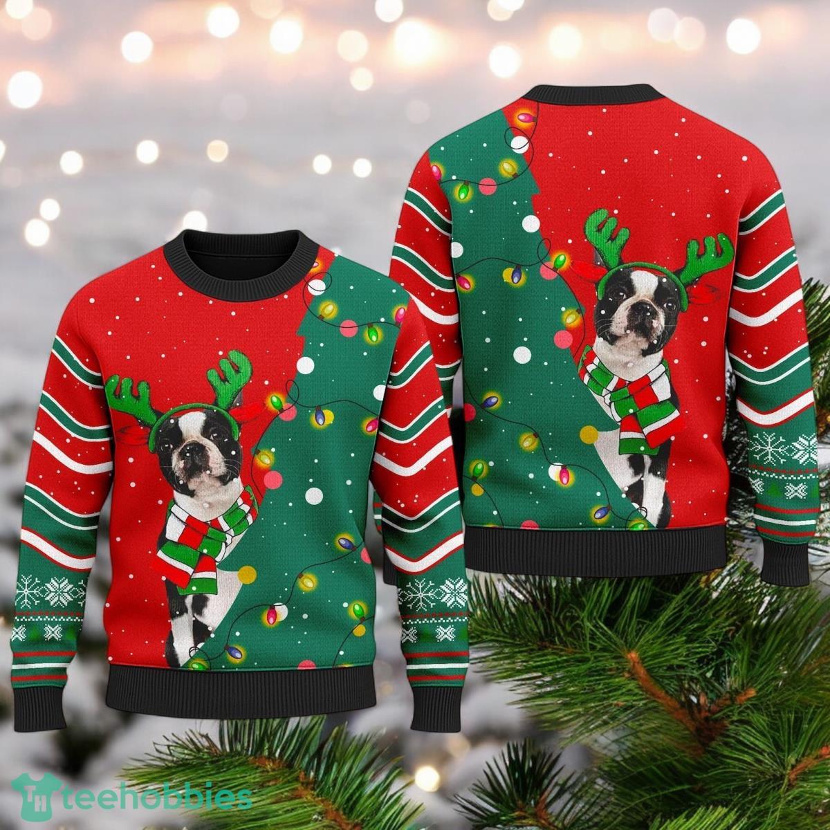 Boston Terrier Christmas Ugly Sweater Boston Terrier Xmas Holiday Gift Cozy Christmas Ugly Sweater image Boston Terrier Christmas Ugly Sweater