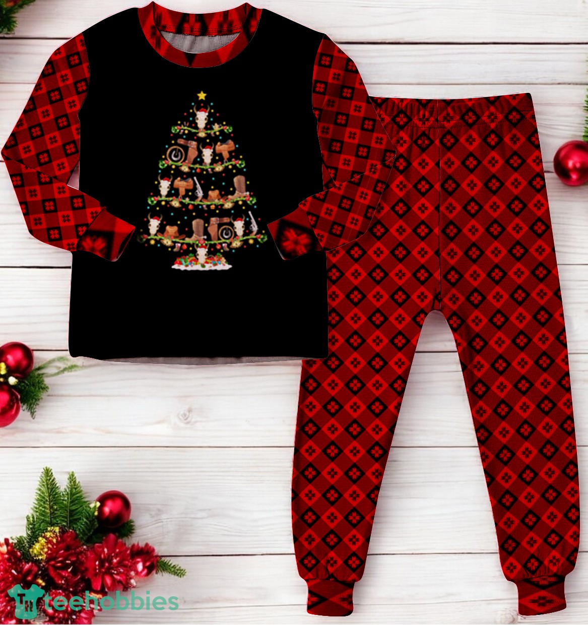 Lighting Santa Cowboy Christmas Tree Family Matching Pajama Set image Lighting Santa Cowboy Christmas Tree Family Matching Pajama Set