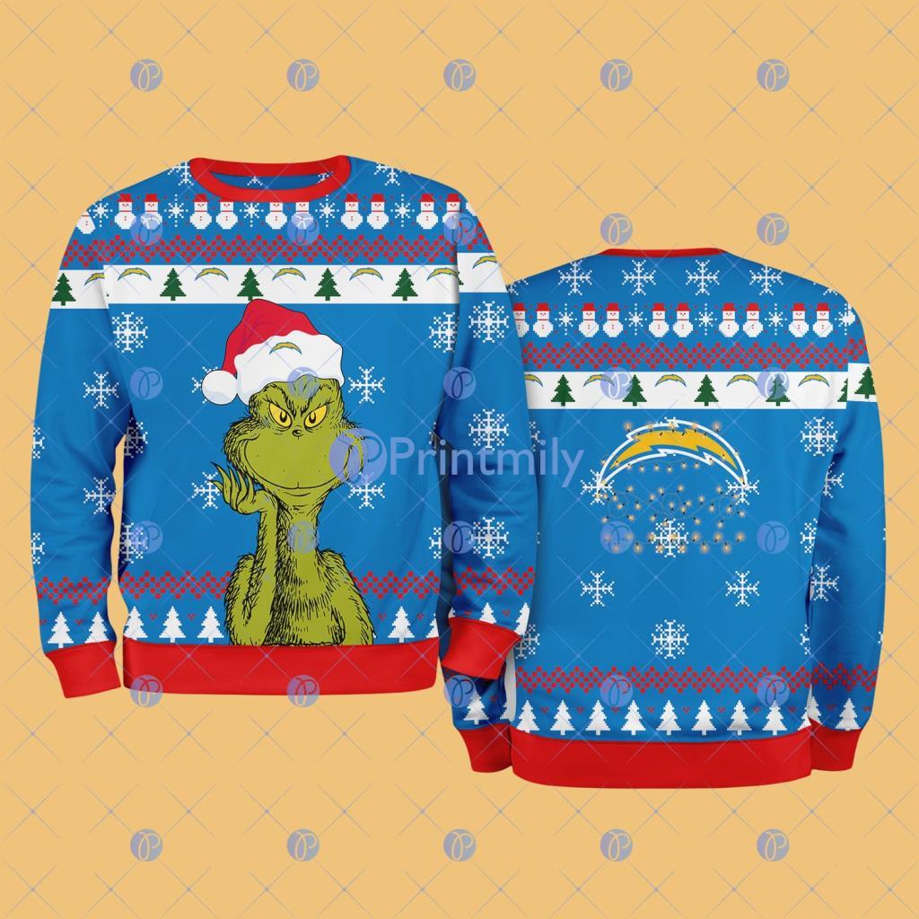 Los Angeles Chargers NFL The Grinch Funny Merry Christmas Ugly Sweater 3D For Fan New Idea 3 Los Angeles Chargers The Grinch Christmas Sweater
