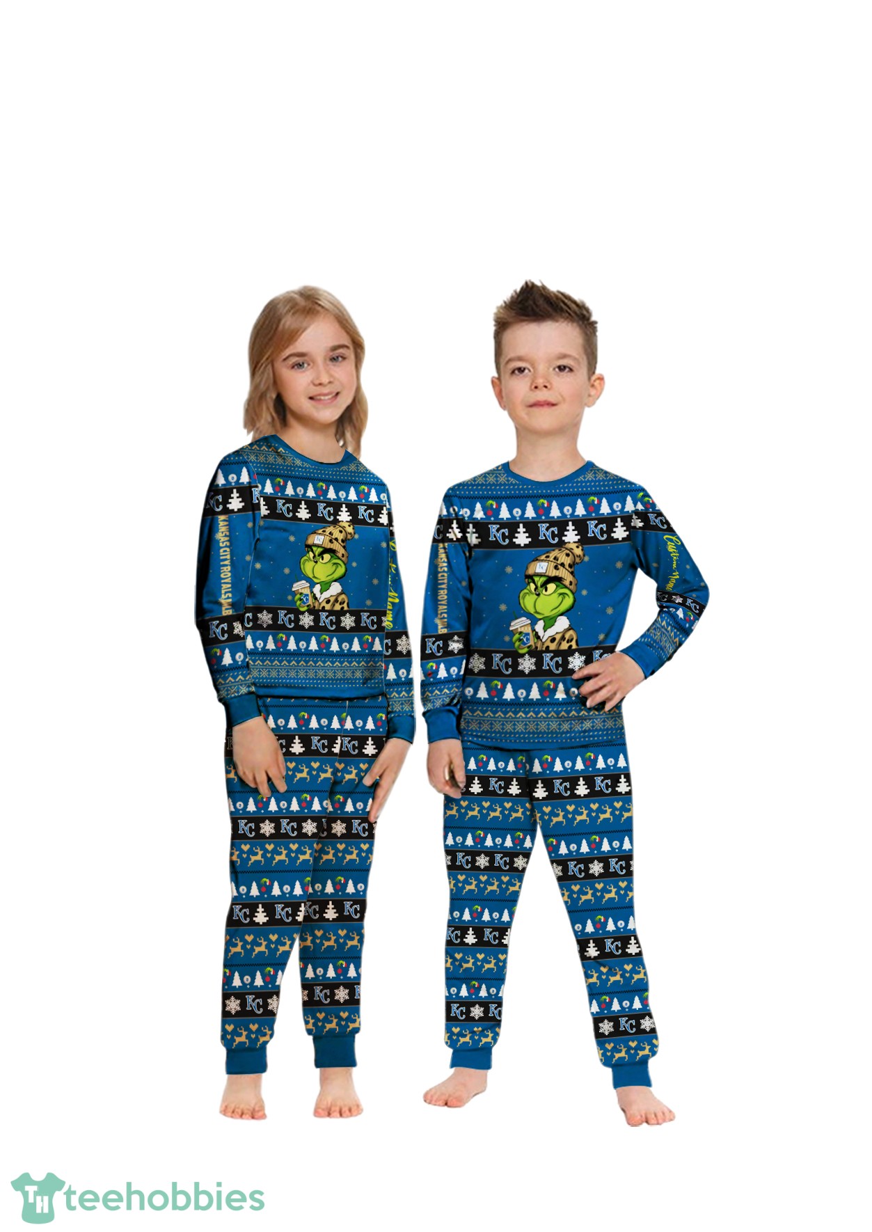 MLB Grinch Kansas City Royals MLB Custom Name Christmas Knitting Pattern Matching Family Pajamas Set image MLB Grinch Kansas City Royals Matching Family Pajamas Set