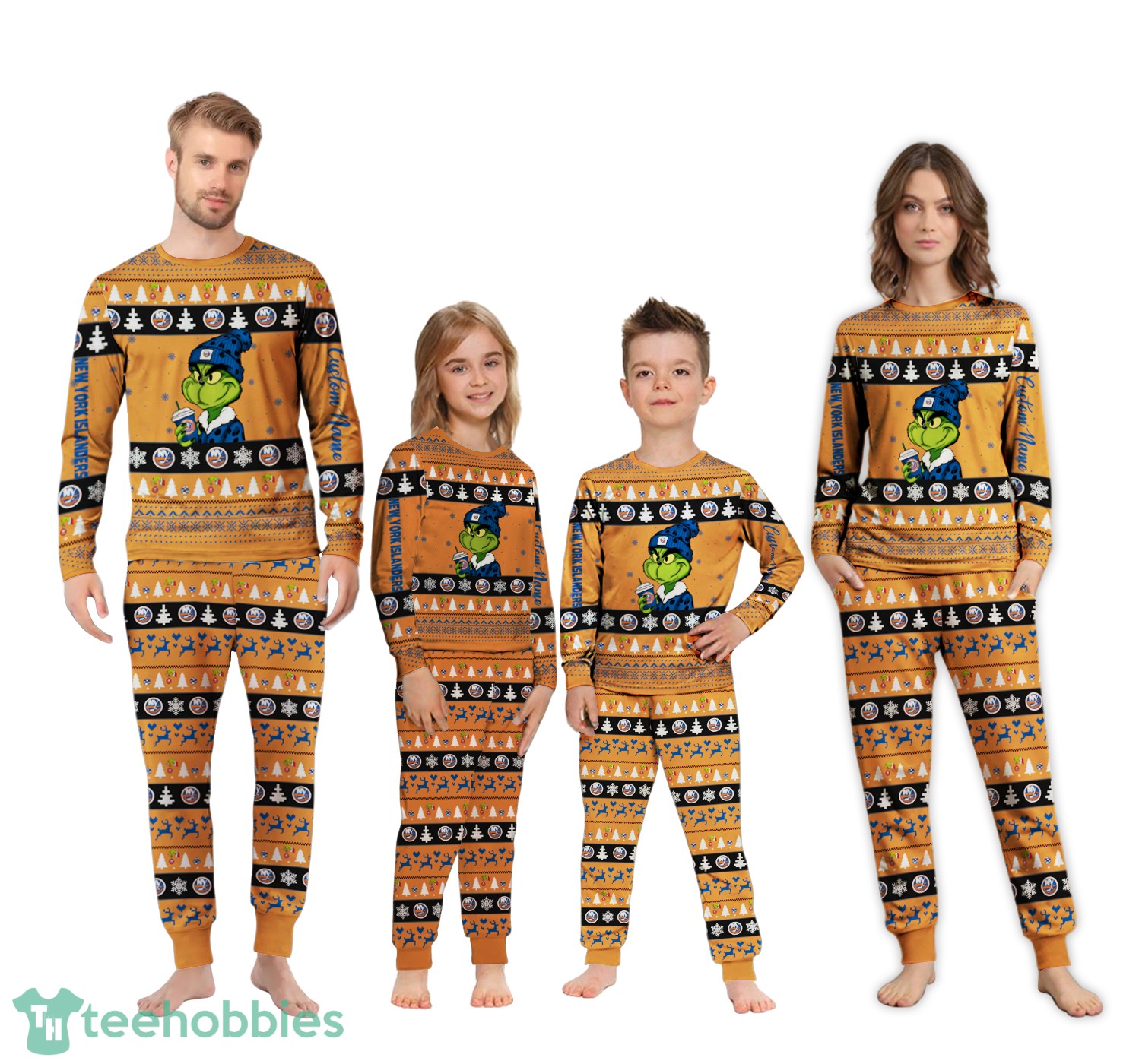 MLB Grinch New York Islanders Custom Name Christmas Knitting Pattern Matching Family Pajamas Set image MLB Grinch New York Islanders Christmas Pajamas Set