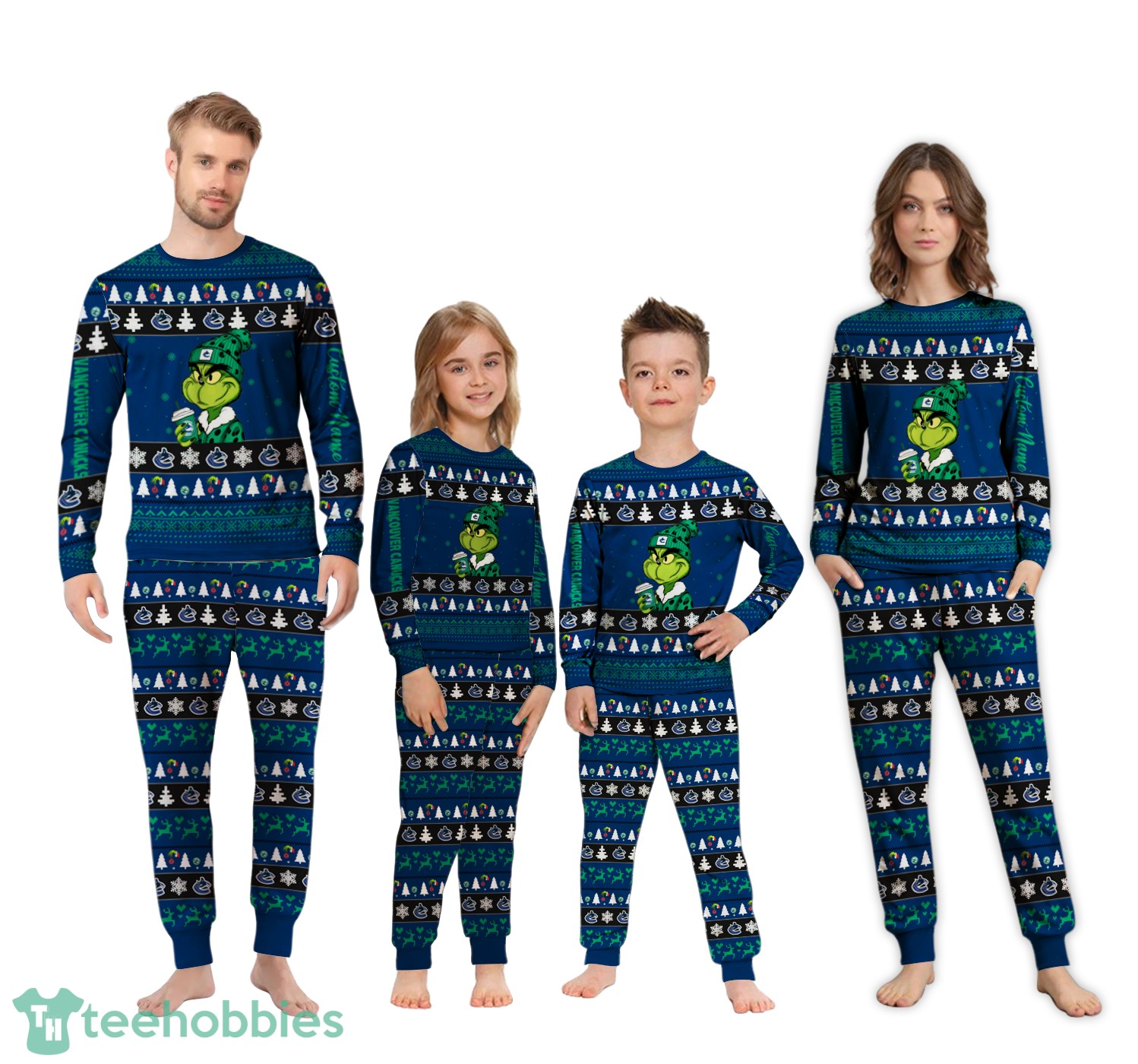 MLB Grinch Vancouver Canucks Custom Name Christmas Knitting Pattern Matching Family Pajamas Set image MLB Grinch Vancouver Canucks Custom Name Christmas Knitting Pattern Matching Family Pajamas Set