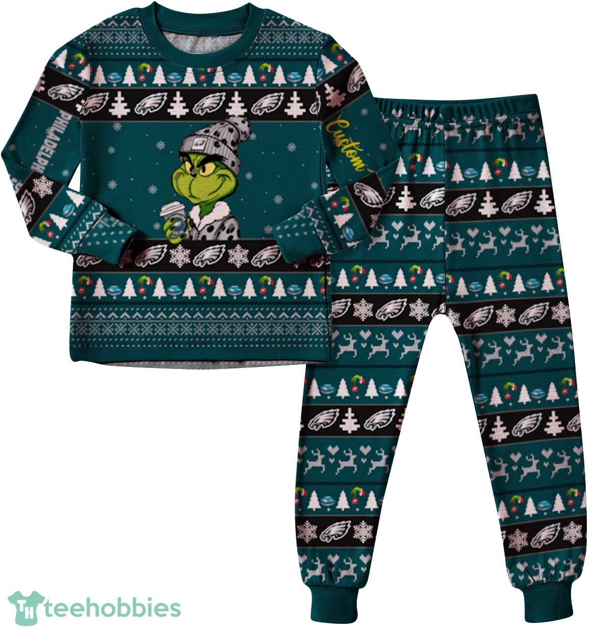 NFL Grinch Philadelphia Eagles Custom Name Christmas Knitting Pattern Matching Family Pajamas Set image NFL Grinch Philadelphia Eagles Custom Name Christmas Knitting Pattern Matching Family Pajamas Set