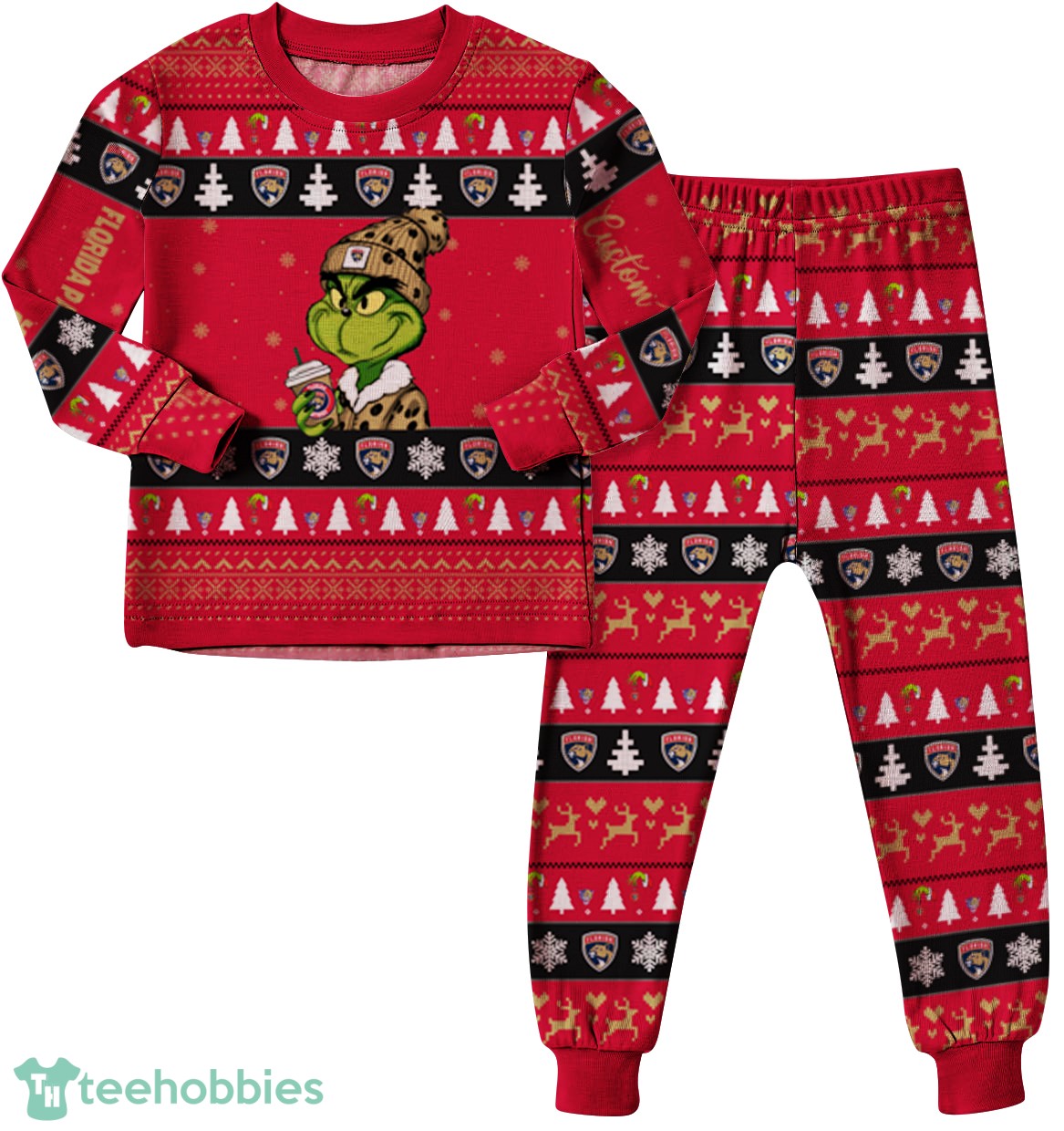 NHL Grinch Florida Panthers Custom Name Christmas Knitting Pattern Matching Family Pajamas Set image NHL Grinch Florida Panthers Matching Family Pajamas