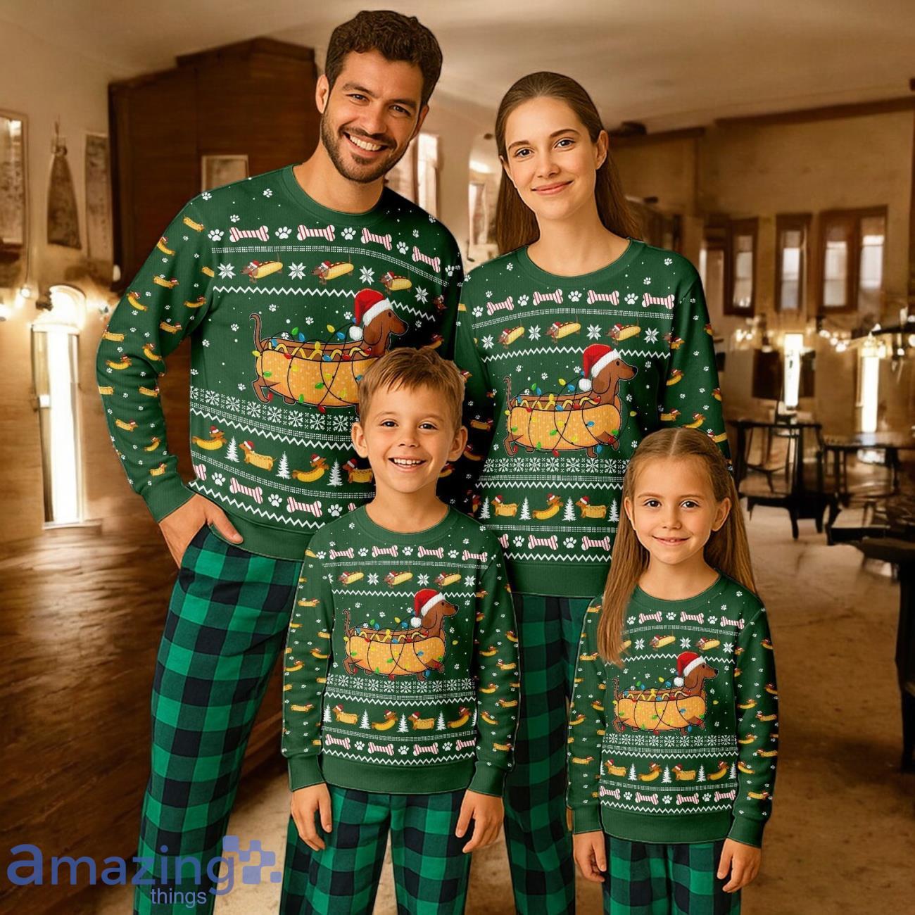 Taco Dachshund Santa Hat Ugly Christmas Gift ForFamily Pajamas Set For Adults Taco Dachshund Dog Pet Xmas image Taco Dachshund Christmas Pajama Set