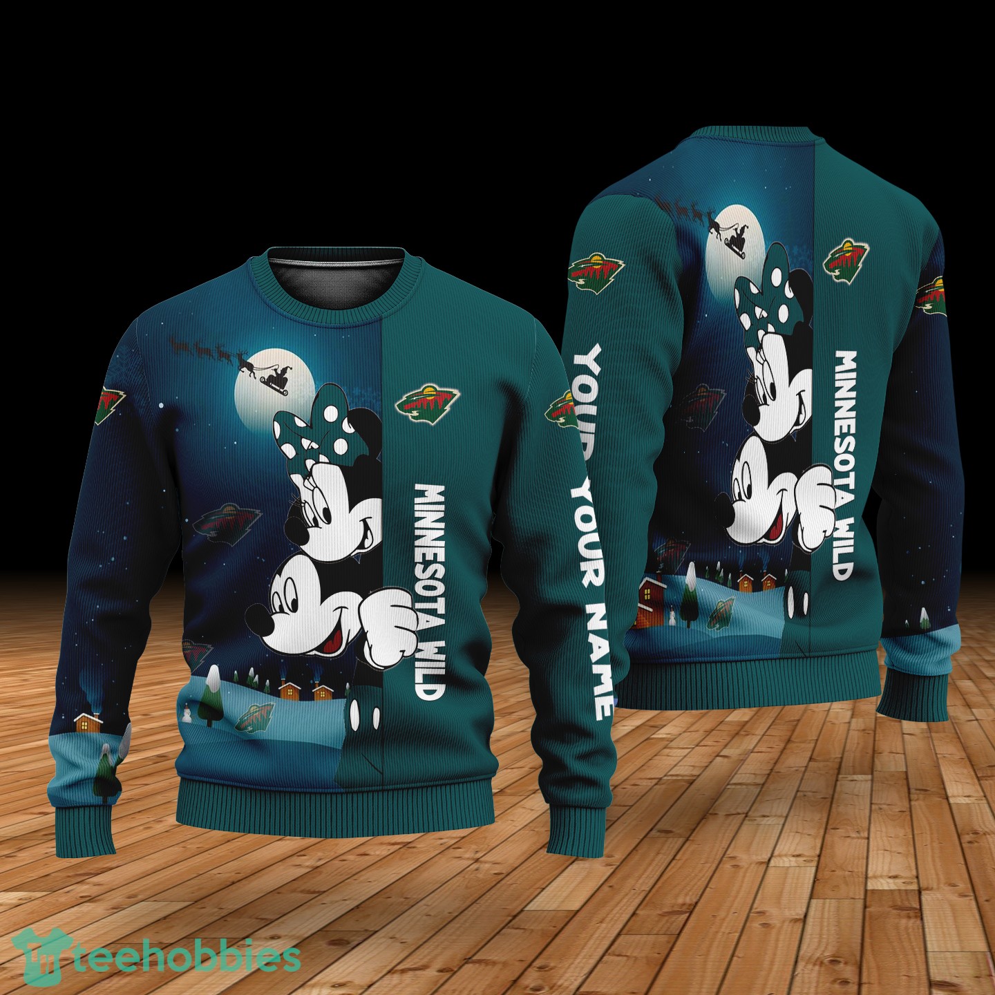 Custom Name Minnesota Wild Cartoon Mouse Couple Christmas 3D Sweater Custom Name Minnesota Wild Cartoon Mouse Couple Christmas 3D Sweater