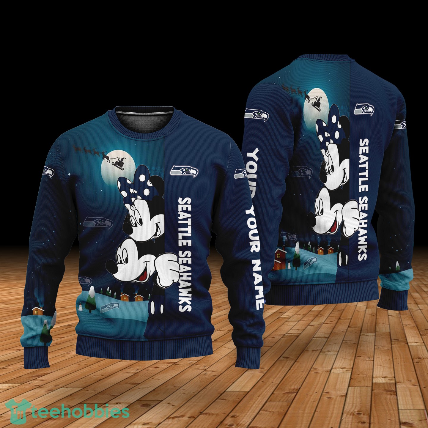 Custom Name Seattle Seahawks Cartoon Mouse Couple Christmas 3D Sweater image Custom Name Seattle Seahawks Cartoon Mouse Couple Christmas 3D Sweater