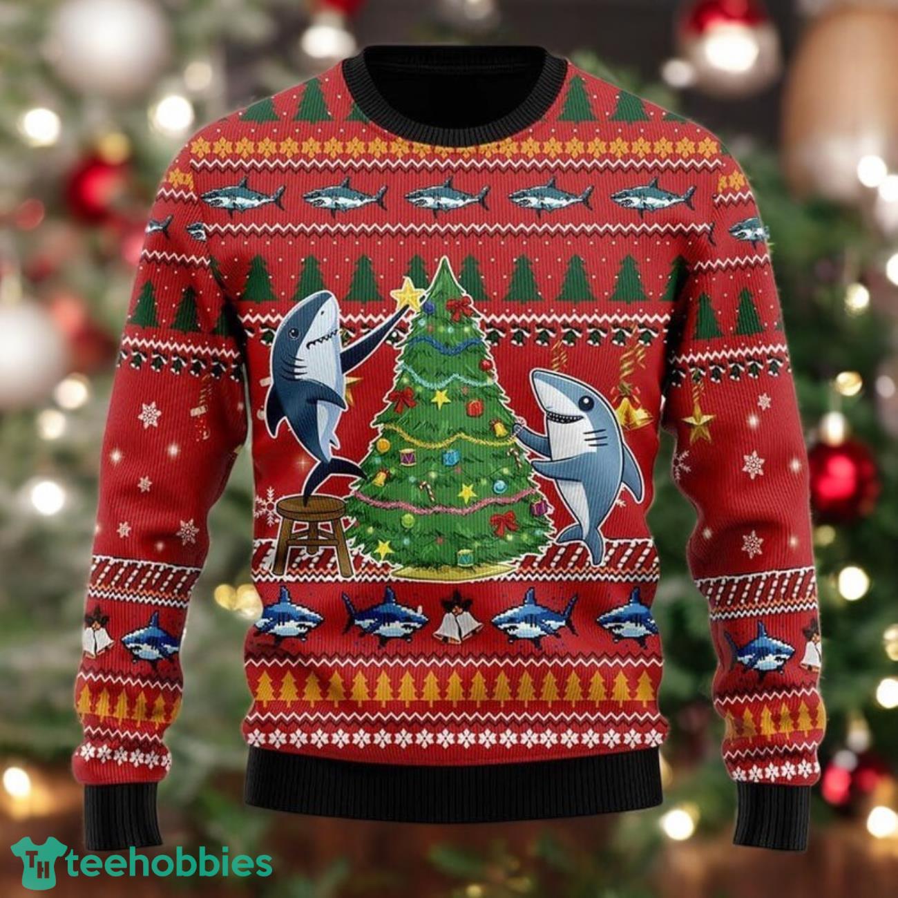 Funny Shark Christmas Sweater Cute Shark Decorating Tree Ugly Xmas image Funny Shark Christmas Sweater Cute Shark Decorating Tree Ugly Xmas