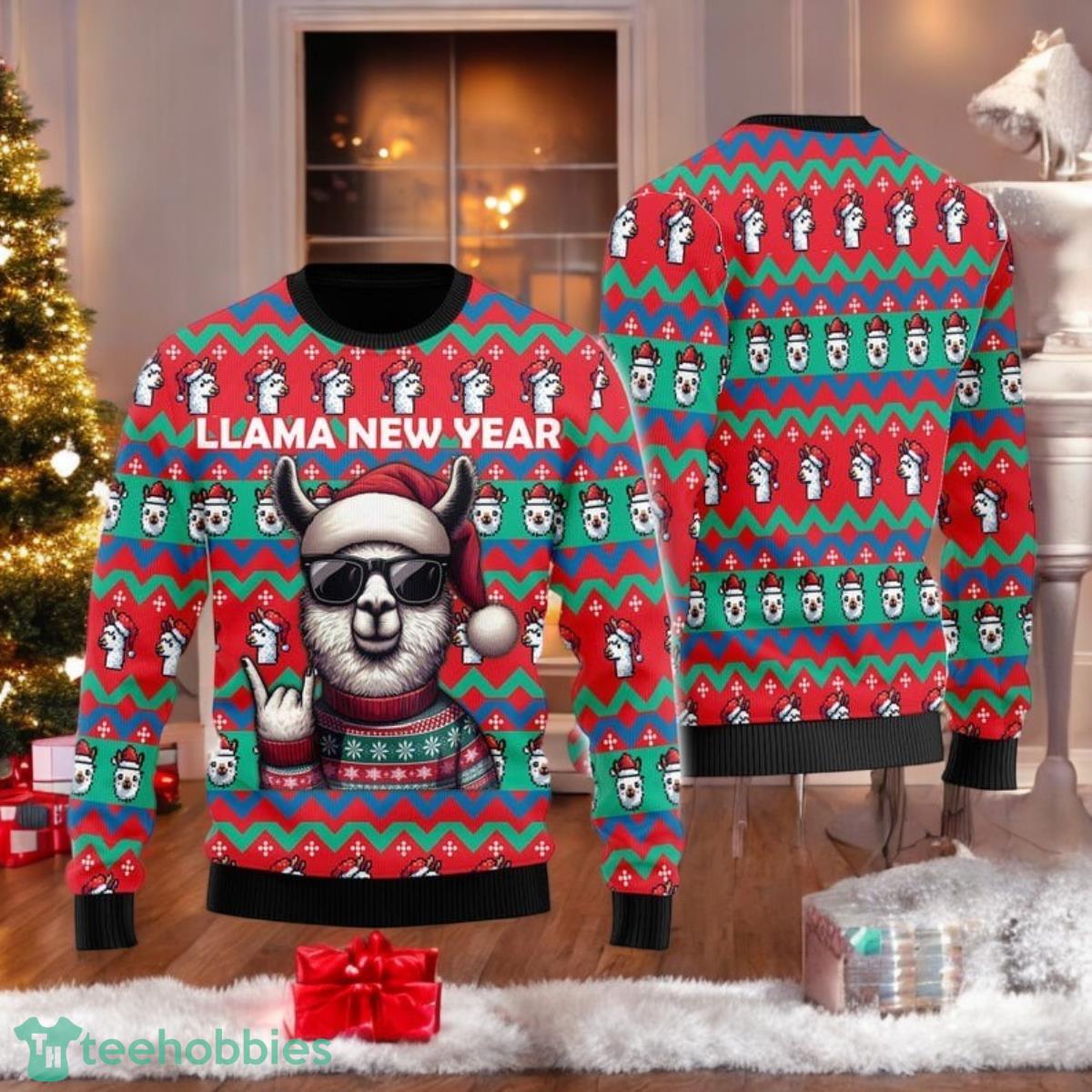 Llama New Year Ugly Christmas Sweater Funny Llama Rock On Holiday All Over Print 3D Sweater image Llama New Year Ugly Christmas Sweater Funny Llama Rock On Holiday All Over Print 3D Sweater