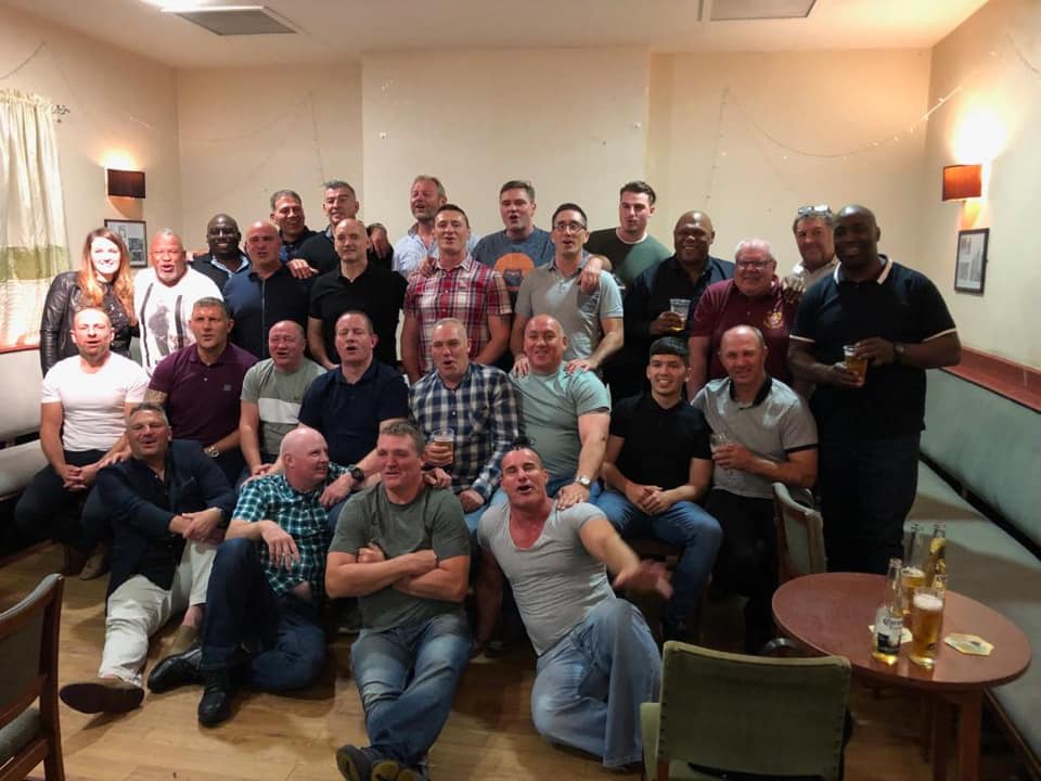 Micky Edwards is pictured front right, with his left arm outstretched, in this picture, taken when the lads who played in our unbeaten &lsquo;A&rsquo; team of 1993-94 met for a reunion years later.