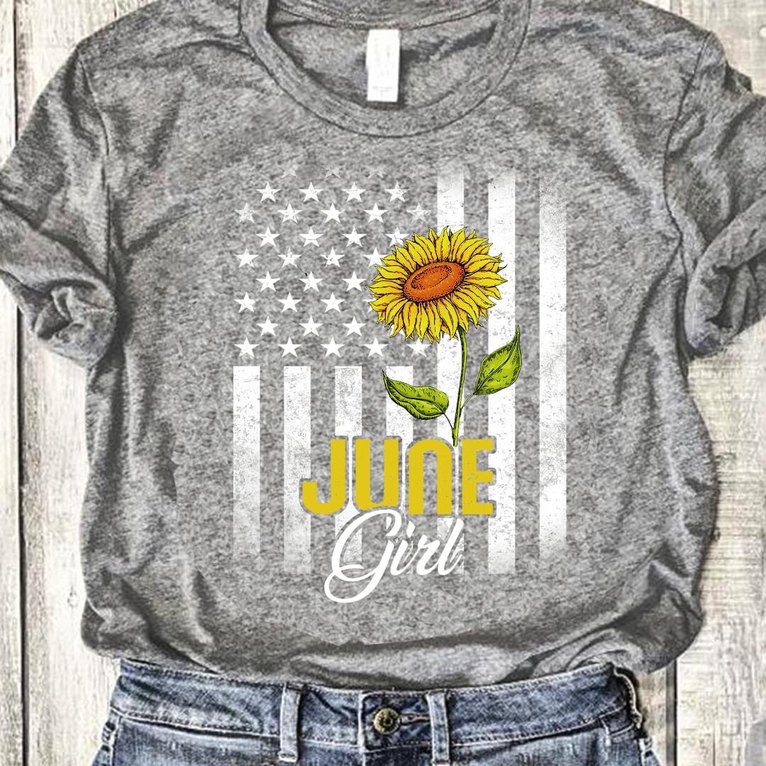 June Girl Sunflower American Flag T Shirt cotton t-shirt Hoodie Mug