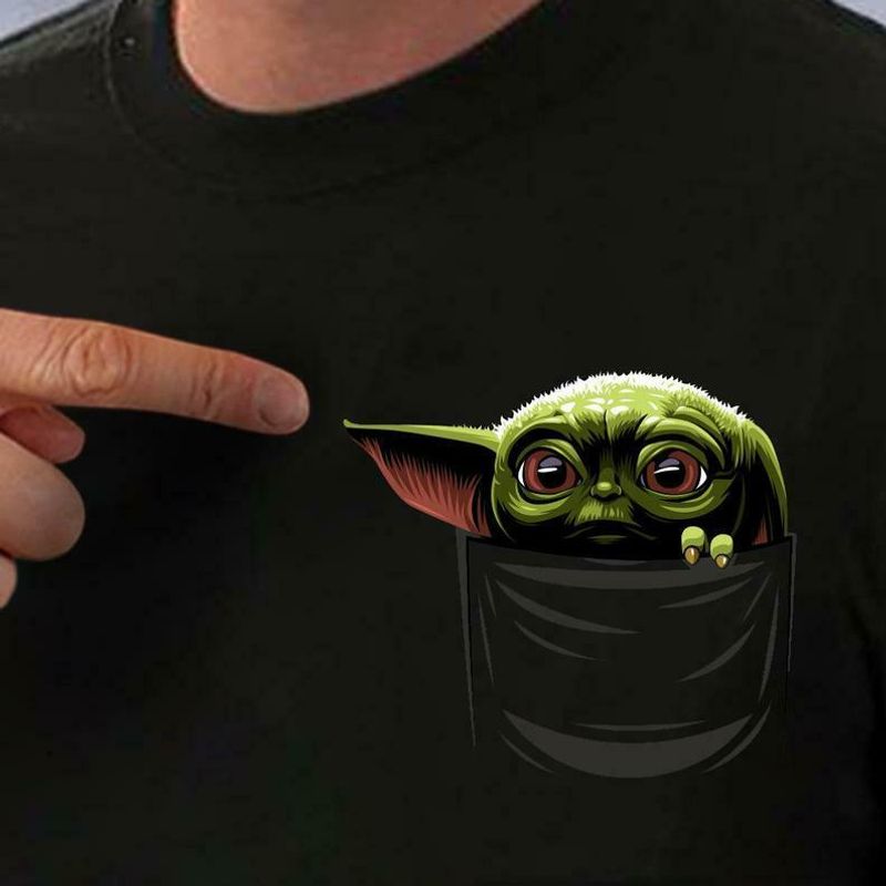 Black Tshirt Baby Yoda Middle Finger Funny Meme Pocket T-Shirt Movie Shirts 