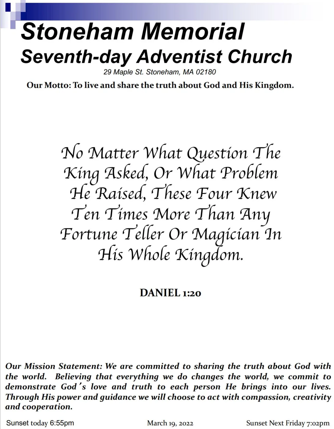 Cover of the bulletin for March 19, 2022