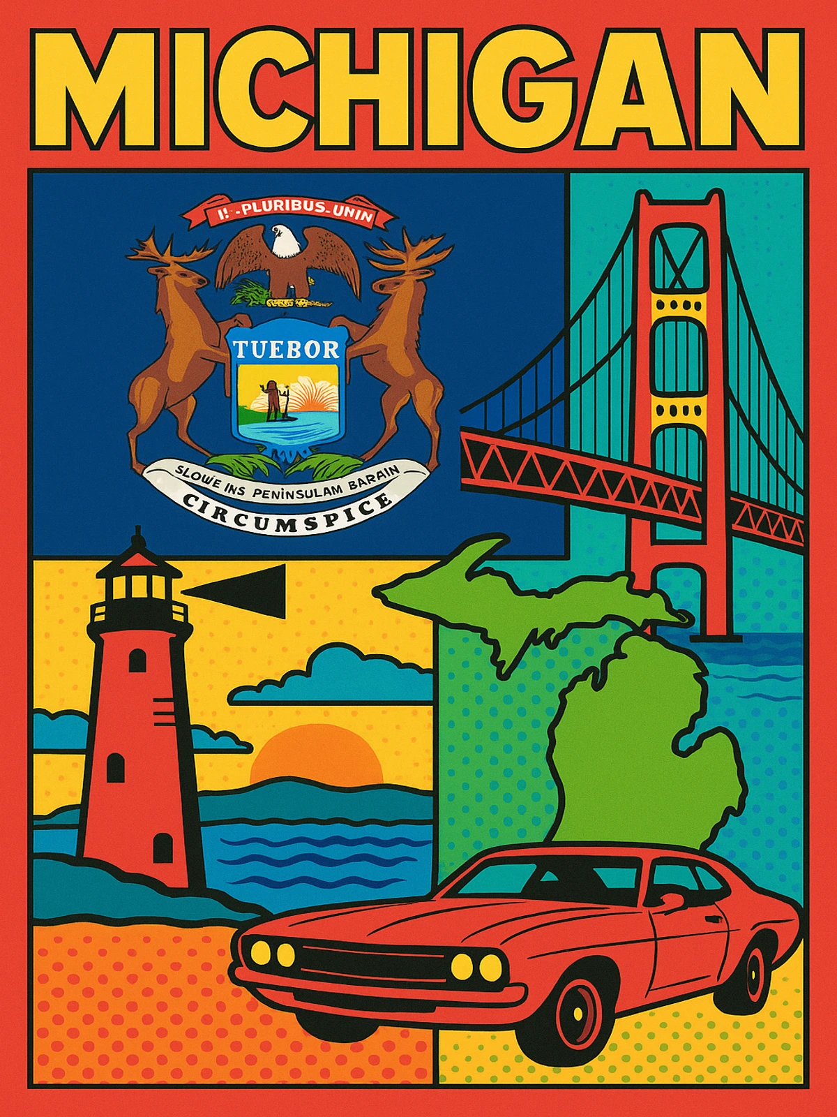 Michigan State Landmarks Retro Poster