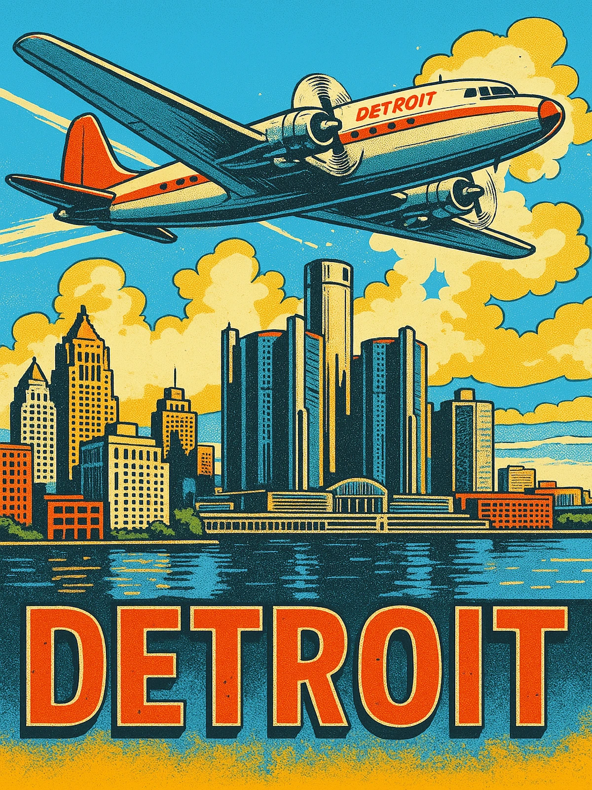 Detroit Skyline Vintage Airplane Poster