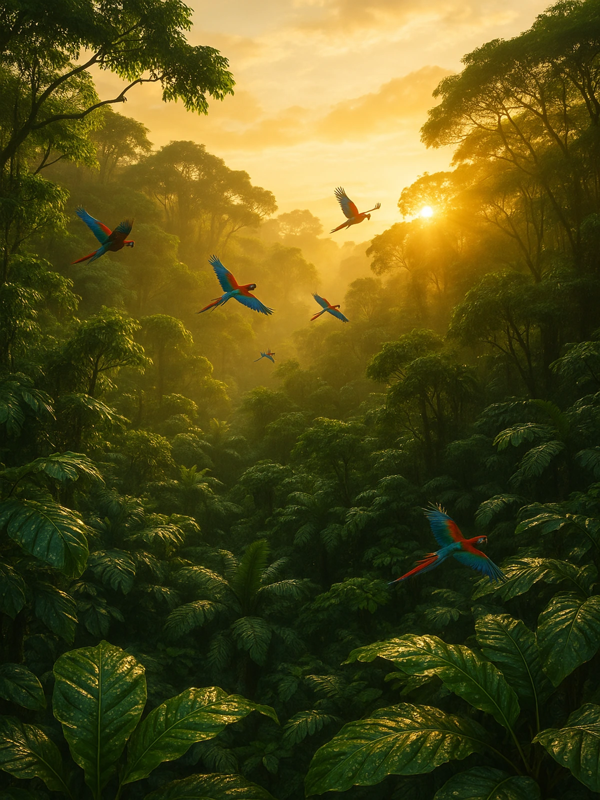 Scarlet Macaws Rainforest Sunrise Poster
