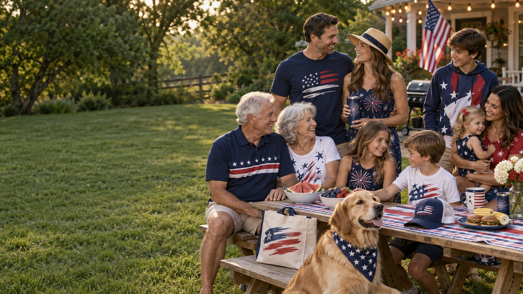 Family enjoying a backyard summer gathering in USA-themed shirts, hoodies, hats and accessories