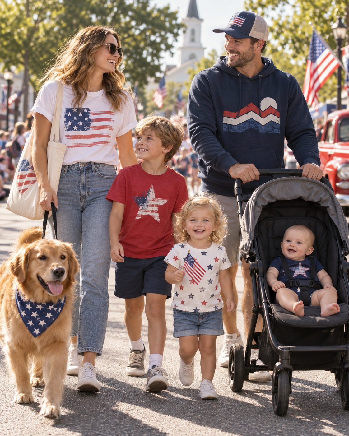Parents, kids, toddler, baby and dog wearing patriotic USA apparel at a local summer parade